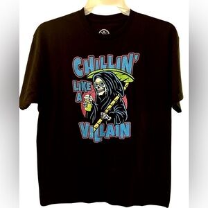 Chillin Skeleton Grim Reaper graphic tee shirt